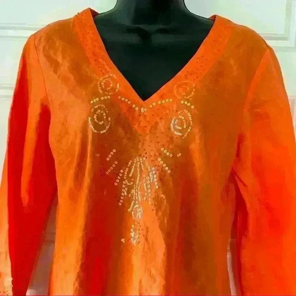 ALISSON TAYLOR ORANGE LINNEN V  NECK TUNIC SIZE MEDIUM - Picture 1 of 14